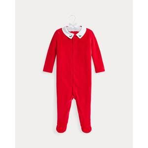 NEW RALPH LAUREN baby boy's embroidered velour footed coverall in red